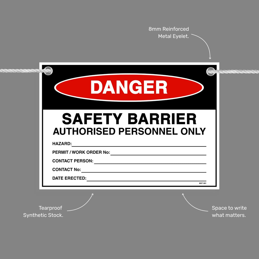 Danger Safety Barrier flag tag with callouts showing the 8mm reinforced metal eyelet, tearproof synthetic stock and write in space.