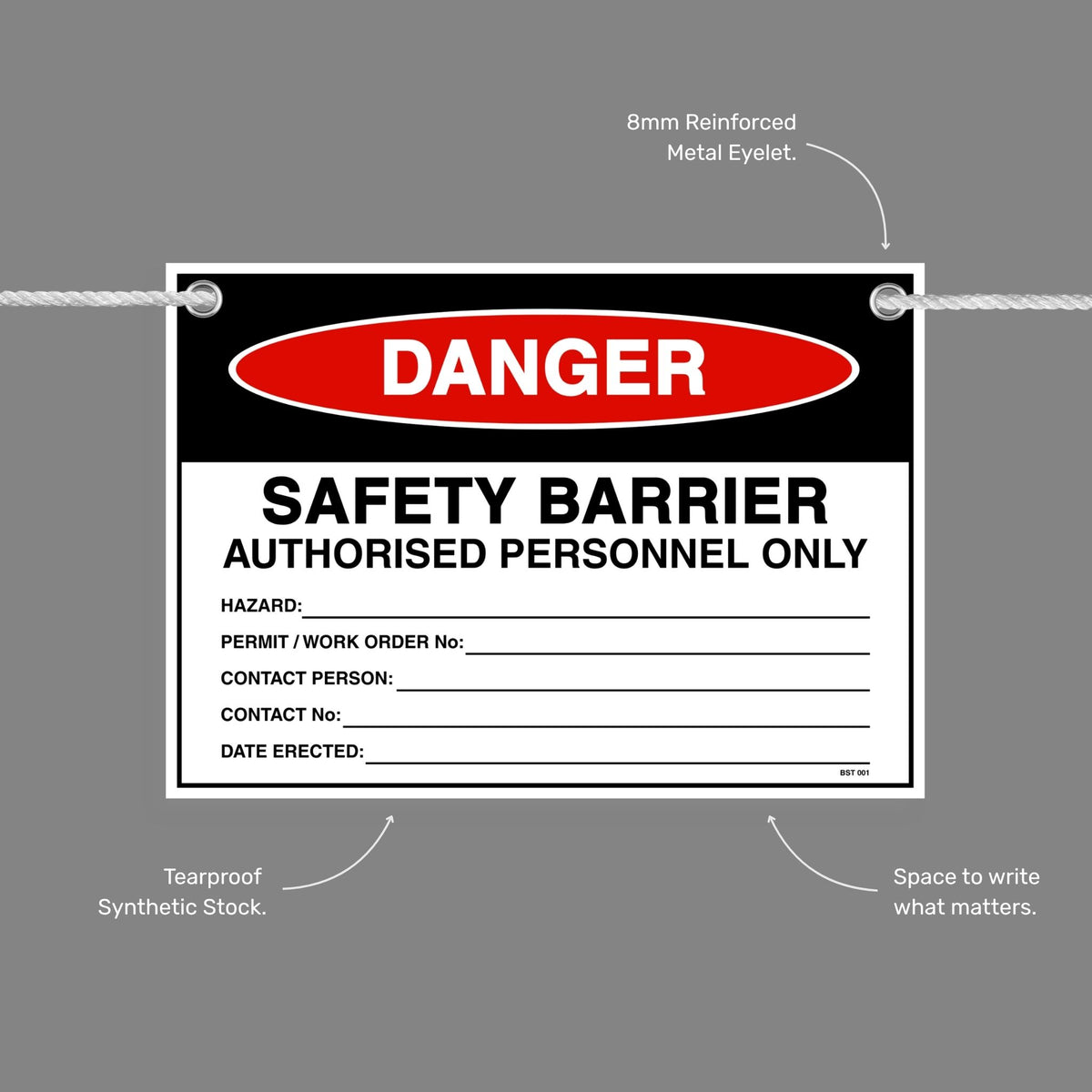 Danger Safety Barrier flag tag with callouts showing the 8mm reinforced metal eyelet, tearproof synthetic stock and write in space.