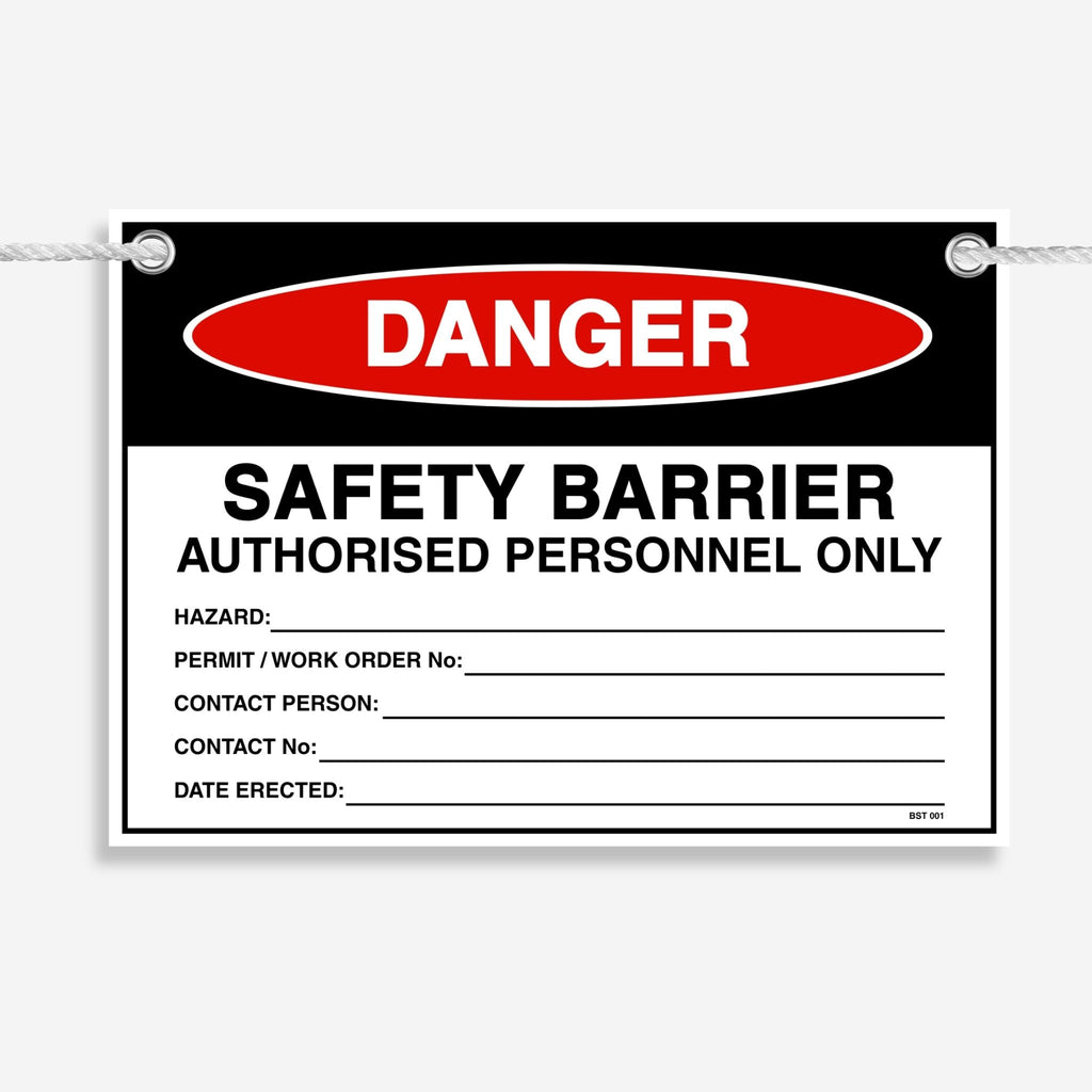 Layflat view of the Danger Safety Barrier tag showing hazard, permit, contact and date erected fields.