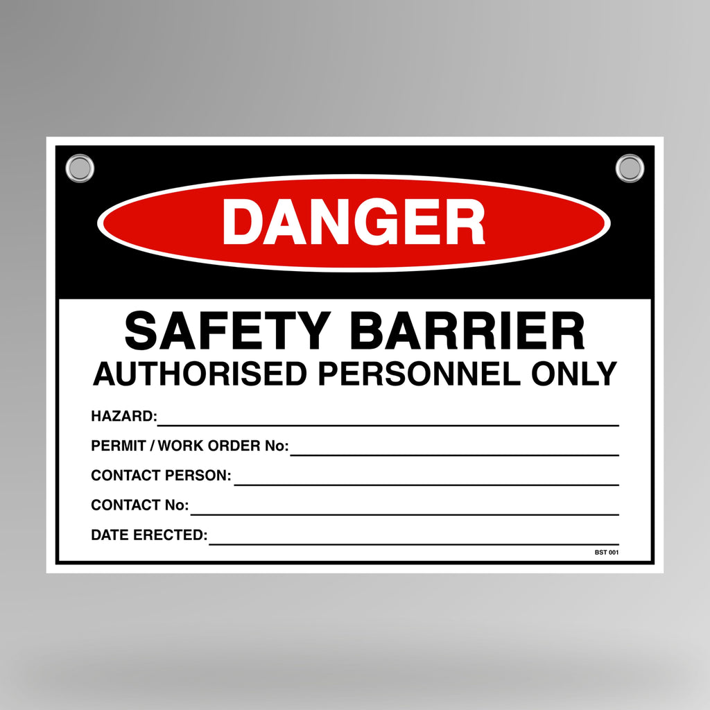 Danger Safety Barrier authorised personnel only flag tag hanging on white bunting rope with metal eyelets.