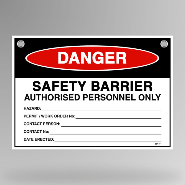 Danger Safety Barrier authorised personnel only flag tag hanging on white bunting rope with metal eyelets.