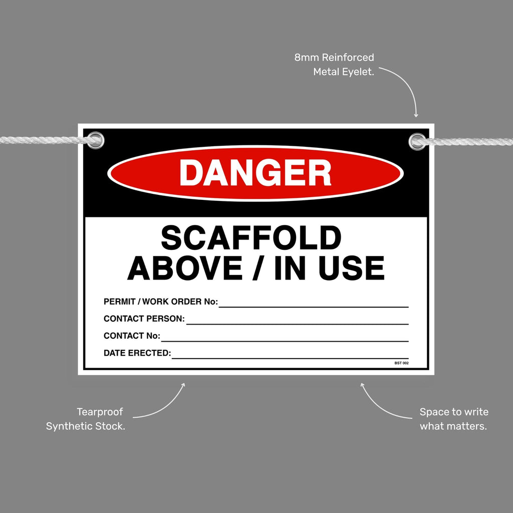 Danger Scaffold Above/In Use flag tag with callouts showing the 8mm reinforced metal eyelet, tearproof synthetic stock and write in space.