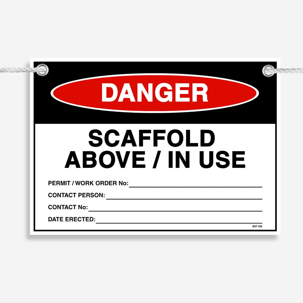 Layflat view of the Danger Scaffold Above/In Use tag showing permit, contact and date erected fields.