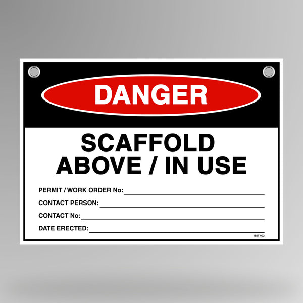 Danger Scaffold Above/In Use flag tag hanging on white bunting rope with metal eyelets.