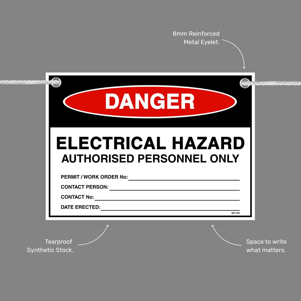 Danger Electrical Hazard flag tag with callouts showing the 8mm reinforced metal eyelet, tearproof synthetic stock and write in space.