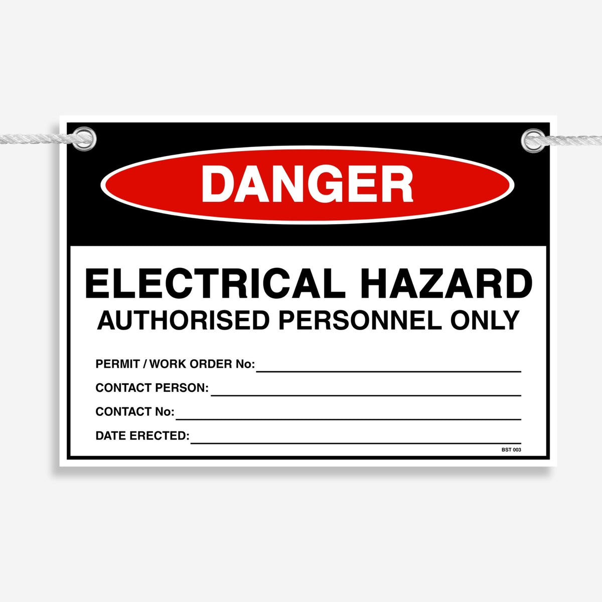  Layflat view of the Danger Electrical Hazard tag showing permit, contact and date erected fields.