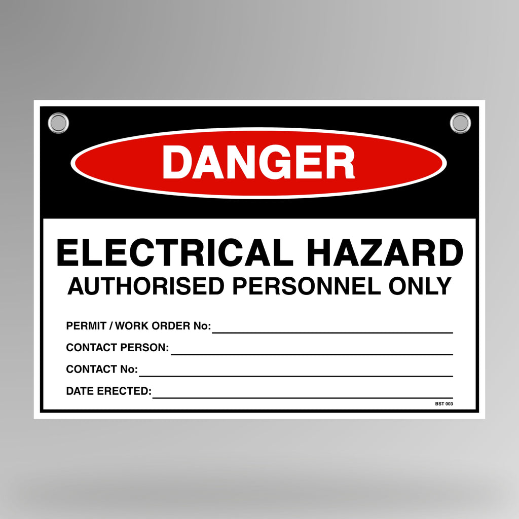 Danger Electrical Hazard authorised personnel only flag tag hanging on white bunting rope with metal eyelets.