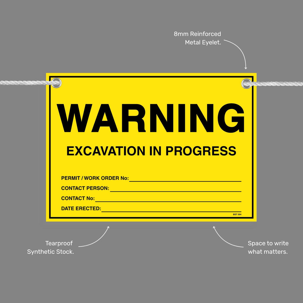 Warning Excavation In Progress flag tag with callouts showing the 8mm reinforced metal eyelet, tearproof synthetic stock and write in space.