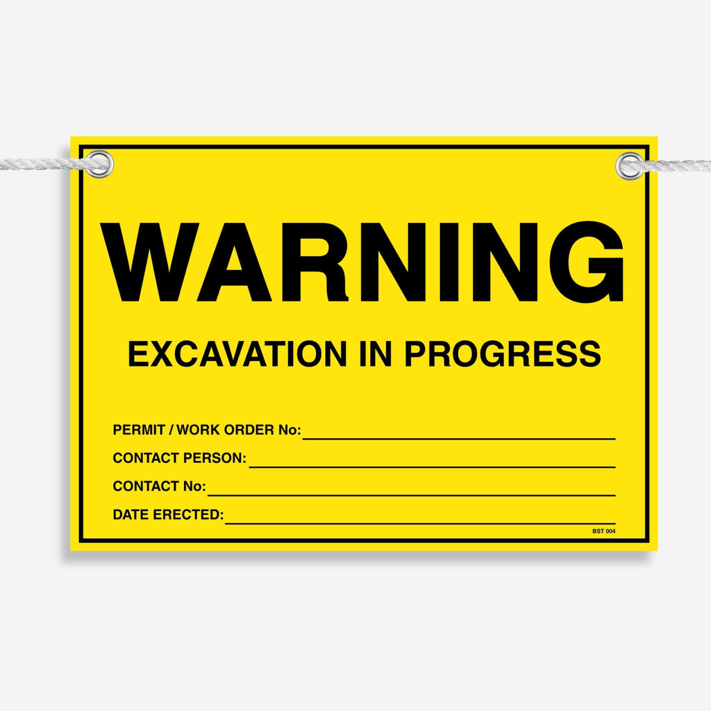Layflat view of the Warning Excavation In Progress tag showing permit, contact and date erected fields.