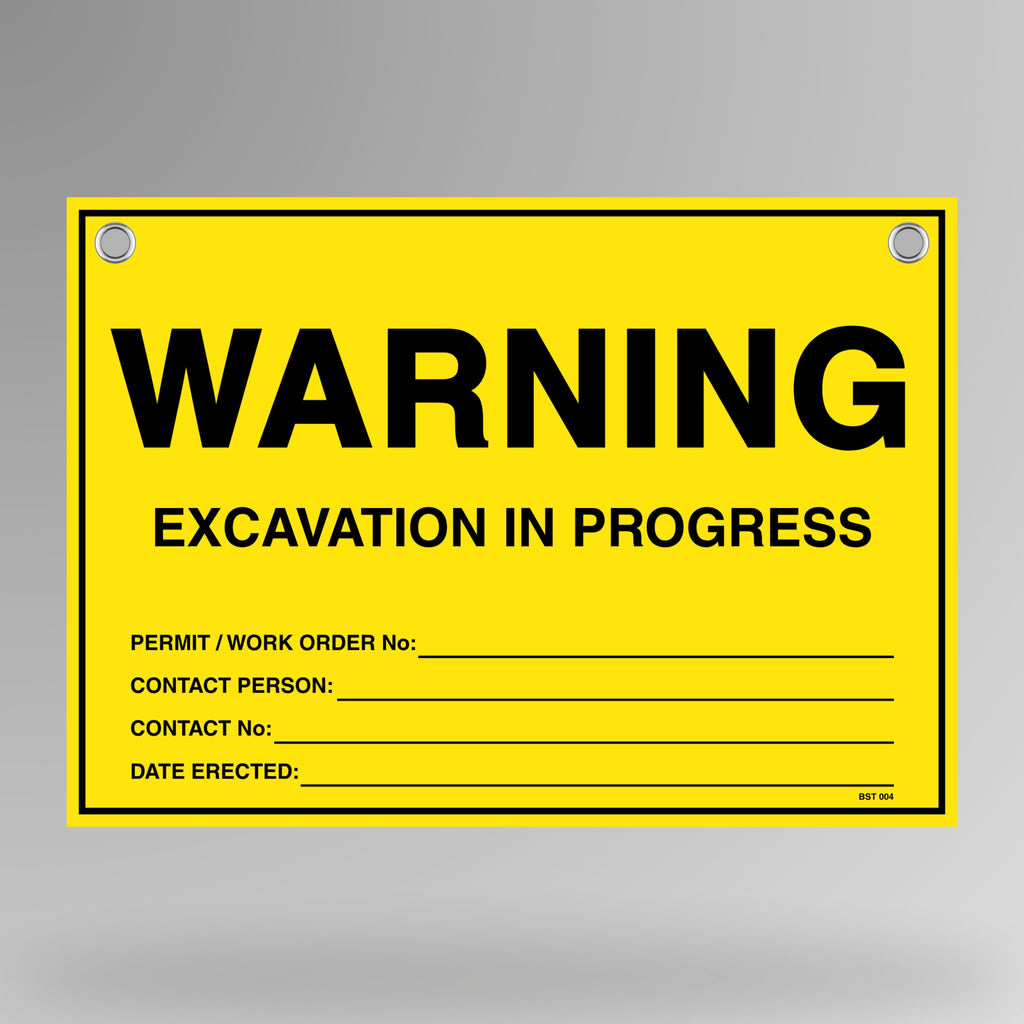 Warning Excavation In Progress flag tag hanging on white bunting rope with metal eyelets, yellow and black design.