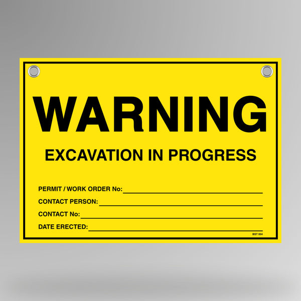 Warning Excavation In Progress flag tag hanging on white bunting rope with metal eyelets, yellow and black design.