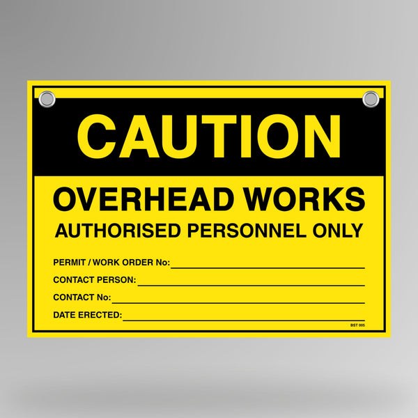 Caution Overhead Works authorised personnel only flag tag hanging on white bunting rope with metal eyelets, yellow and black design.