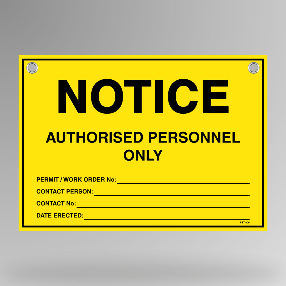 Notice Authorised Personnel Only flag tag hanging on white bunting rope with metal eyelets, yellow and black design.
