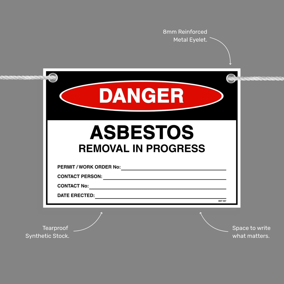 Layflat view of the Danger Asbestos Removal In Progress tag showing permit, contact and date erected fields.