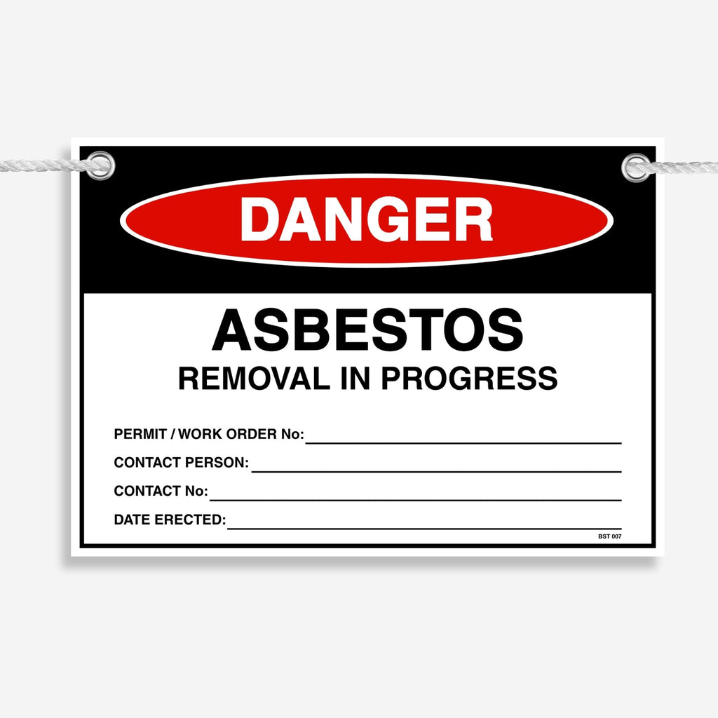 Danger Asbestos Removal In Progress flag tag hanging on white bunting rope with metal eyelets.