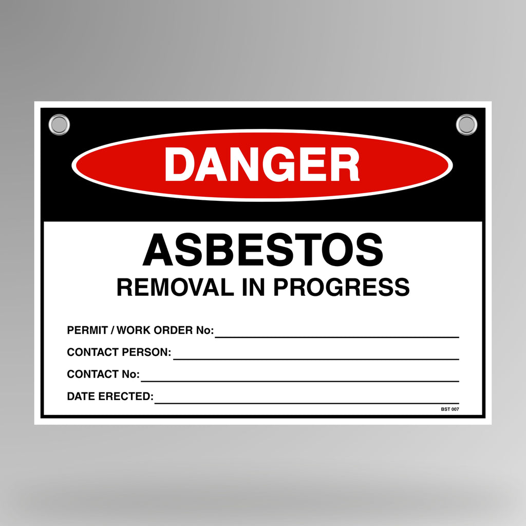 Danger Asbestos Removal In Progress flag tag hanging on white bunting rope with metal eyelets.