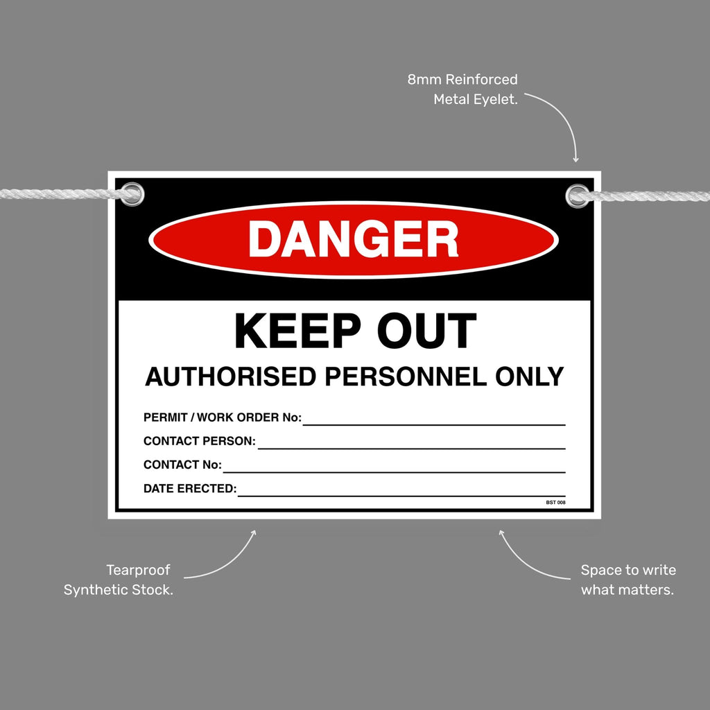 Danger Keep Out flag tag with callouts showing the 8mm reinforced metal eyelet, tearproof synthetic stock and write in space.