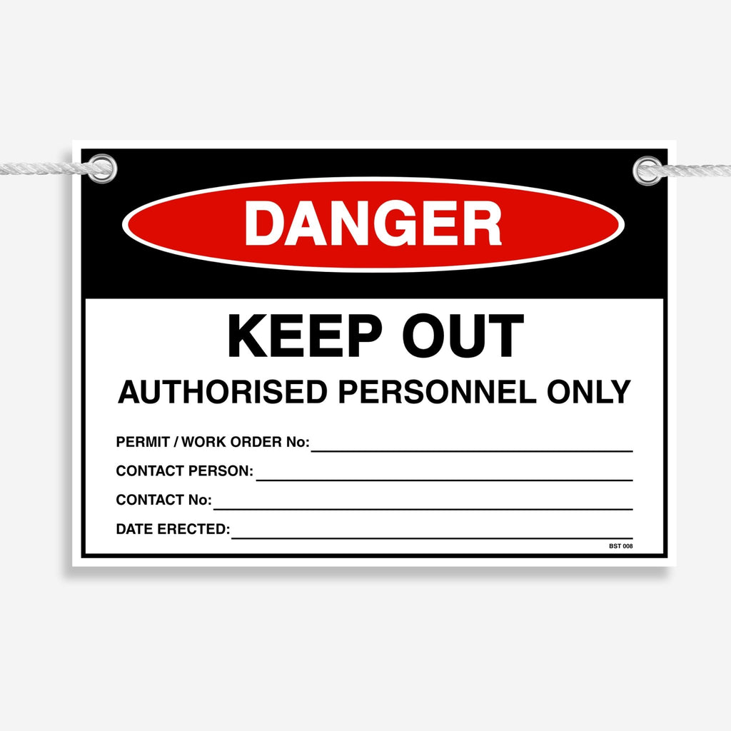 Layflat view of the Danger Keep Out tag showing permit, contact and date erected fields.