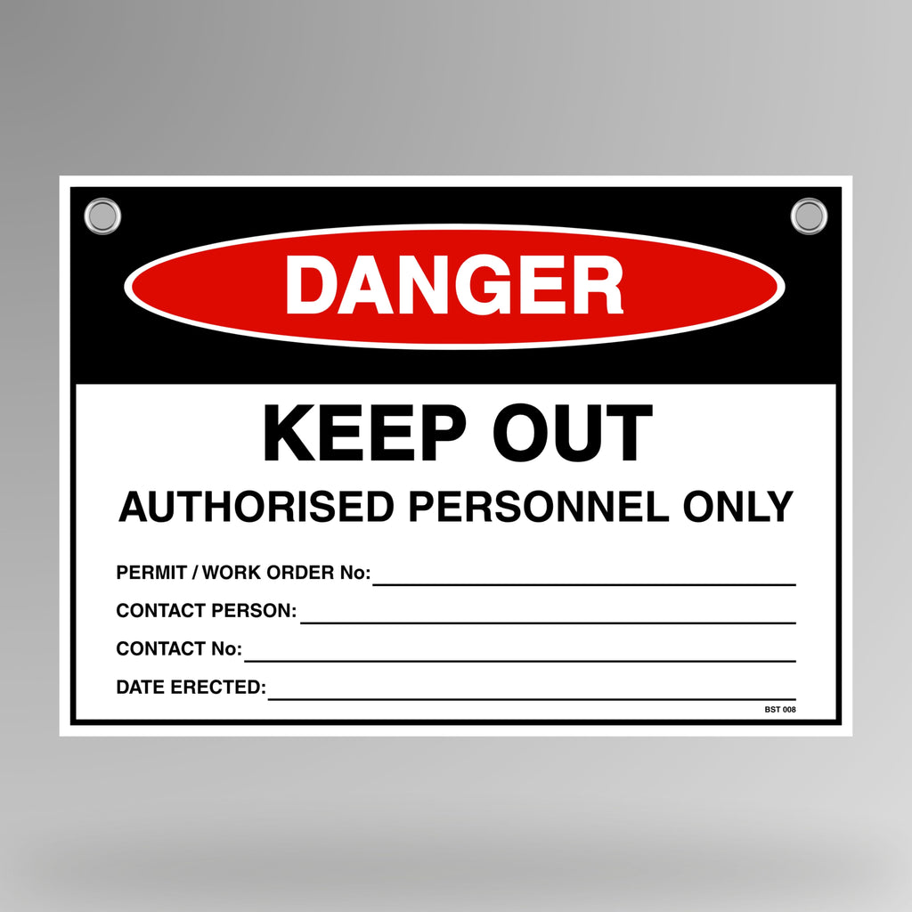 Danger Keep Out authorised personnel only flag tag hanging on white bunting rope with metal eyelets.