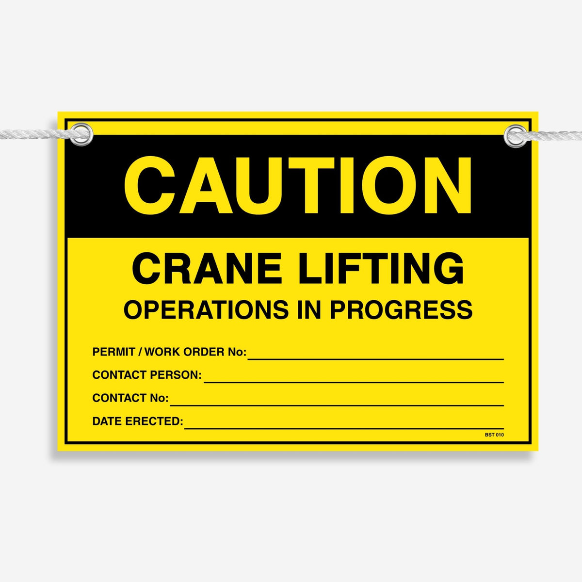 Layflat view of the Caution Crane Lifting Operations In Progress tag showing permit, contact and date erected fields.