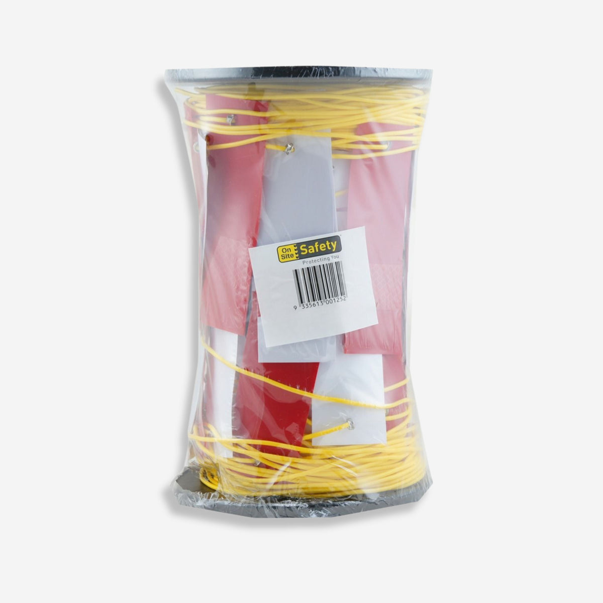 Close up of BMT 017 red and white reflective bunting line showing alternating red and white triangular flags threaded on yellow cord, suitable for night time site delineation and barricading on road work and construction sites.