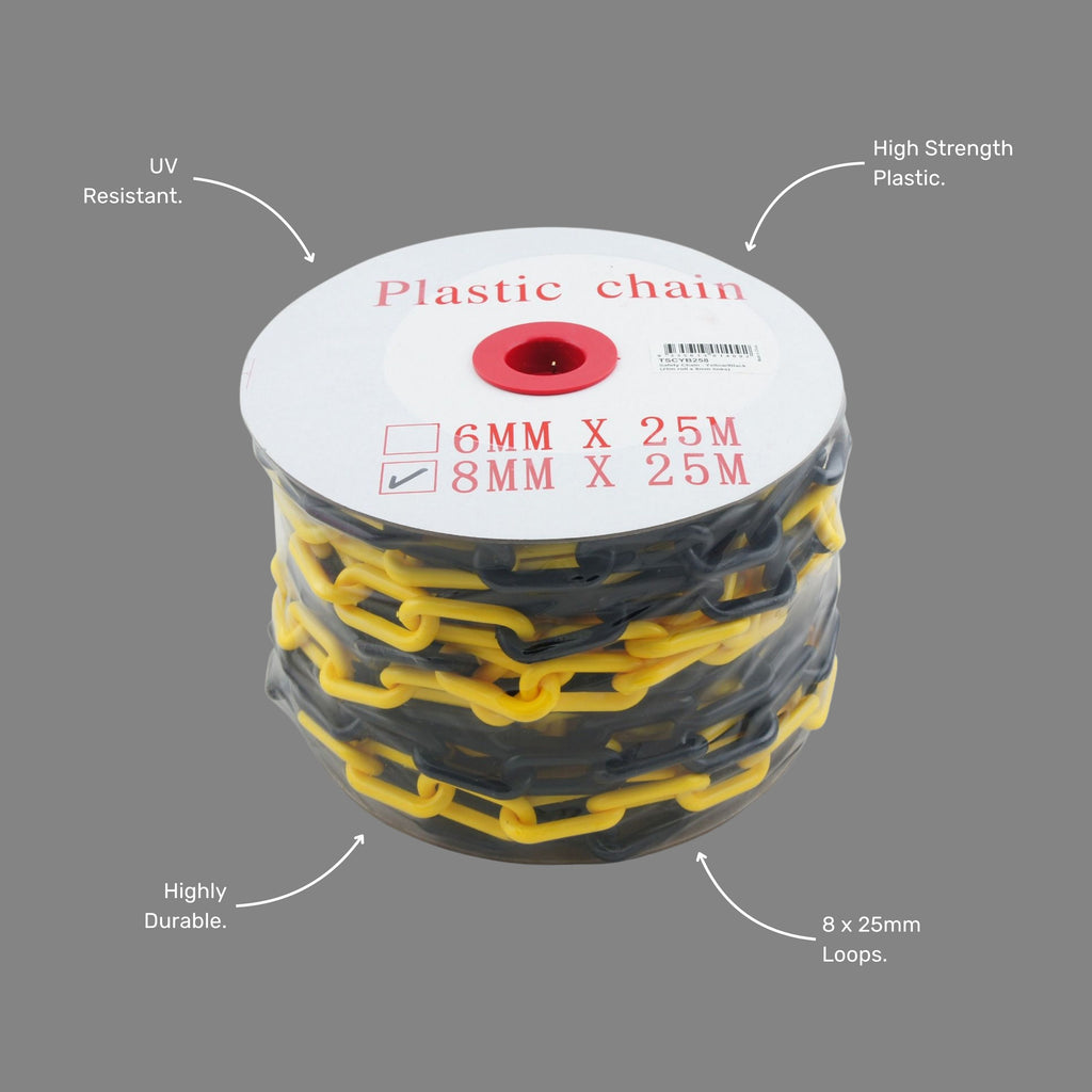 BMT 030 yellow and black plastic safety chain shown at an angle highlighting the alternating yellow and black interlocking link pattern for high visibility hazard delineation on construction and industrial worksites.
