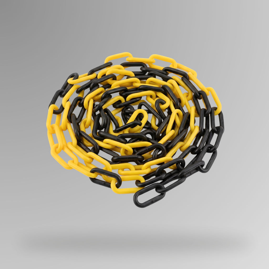 BMT 030 yellow and black plastic safety chain shown loose on a white background, displaying alternating yellow and black interlocking oval plastic links for high visibility site barricading and hazard delineation.