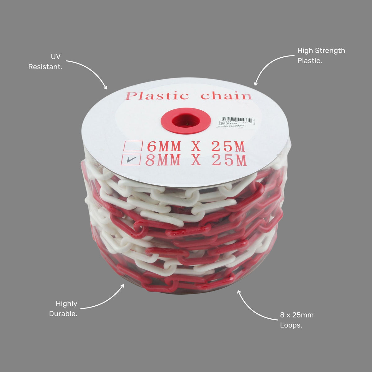 BMT 031 red and white plastic safety chain shown at an angle highlighting the alternating red and white interlocking link pattern for high visibility hazard delineation on construction and industrial worksites.