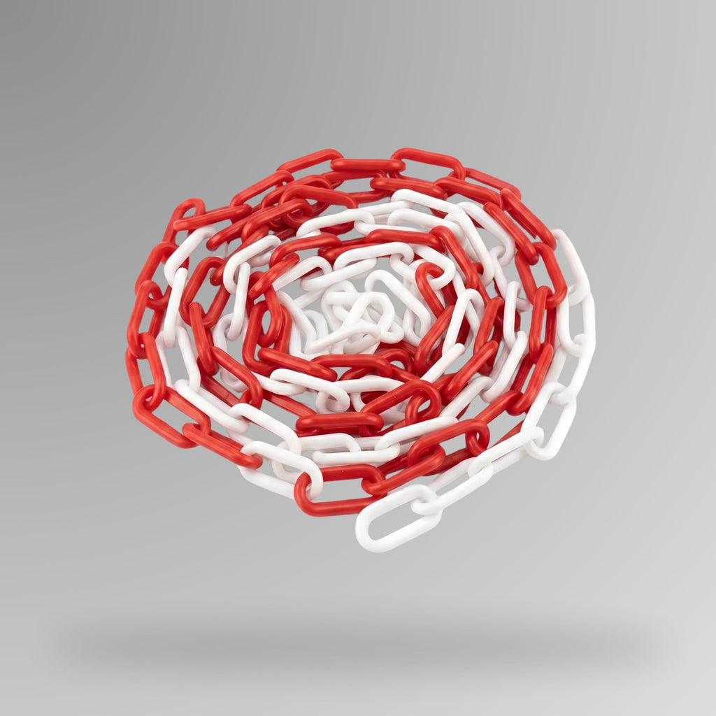 BMT 031 red and white plastic safety chain shown loose on a white background, displaying alternating red and white interlocking oval plastic links for high visibility site barricading and hazard delineation.