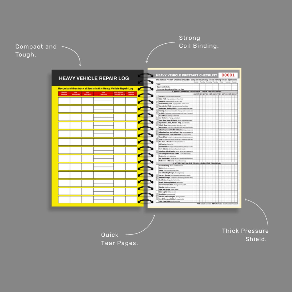 Heavy vehicle repair log book with features highlighted on a gray background