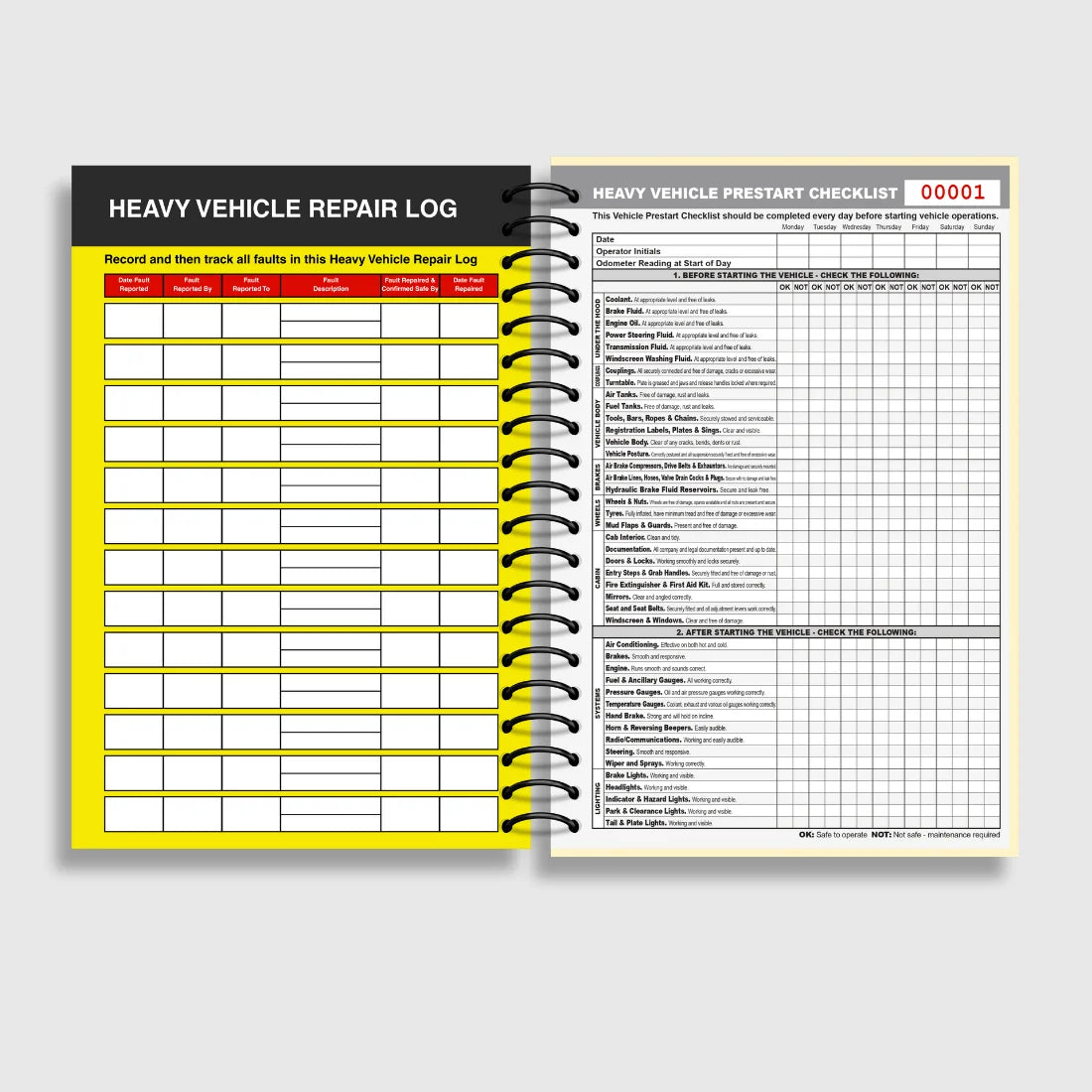 Heavy vehicle repair log book with two pages open showing a checklist and form.