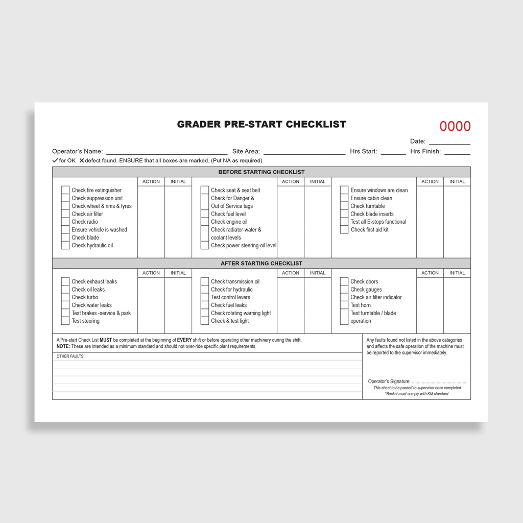 Grader Pre - Start - Brute Safety Products