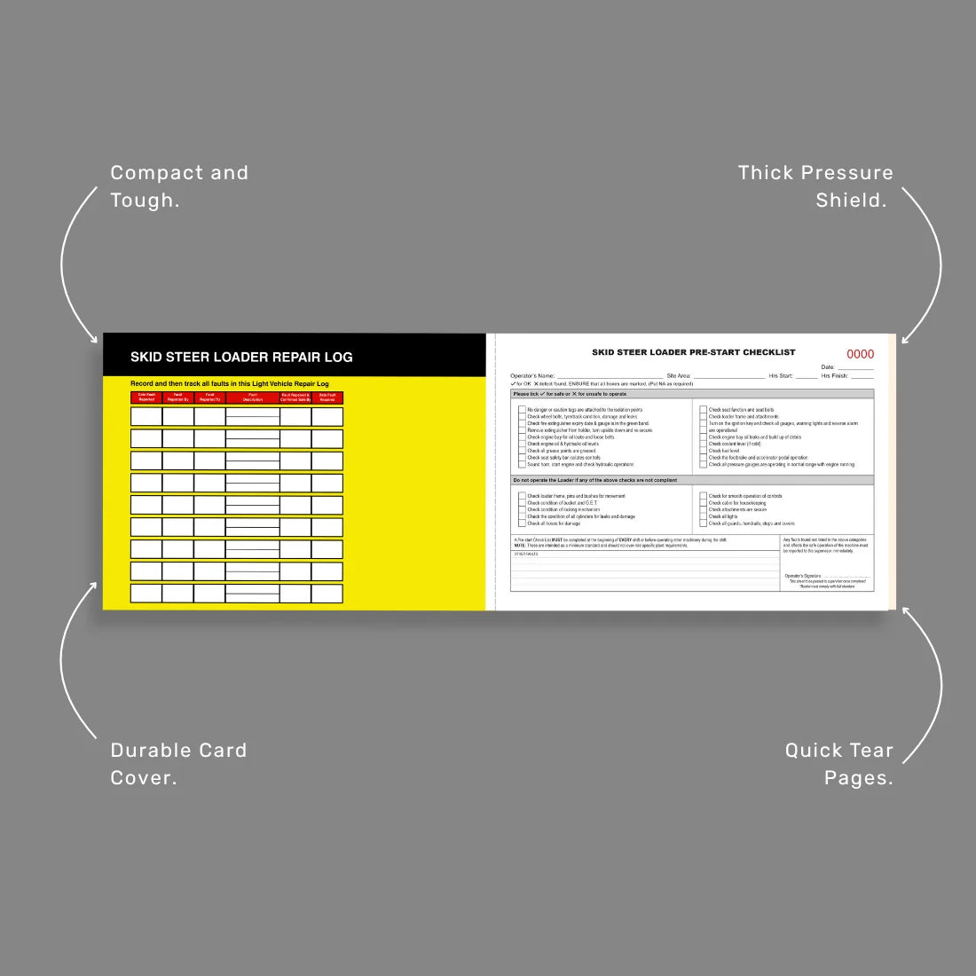 Skid steer loader repair log with features highlighted on a gray background
