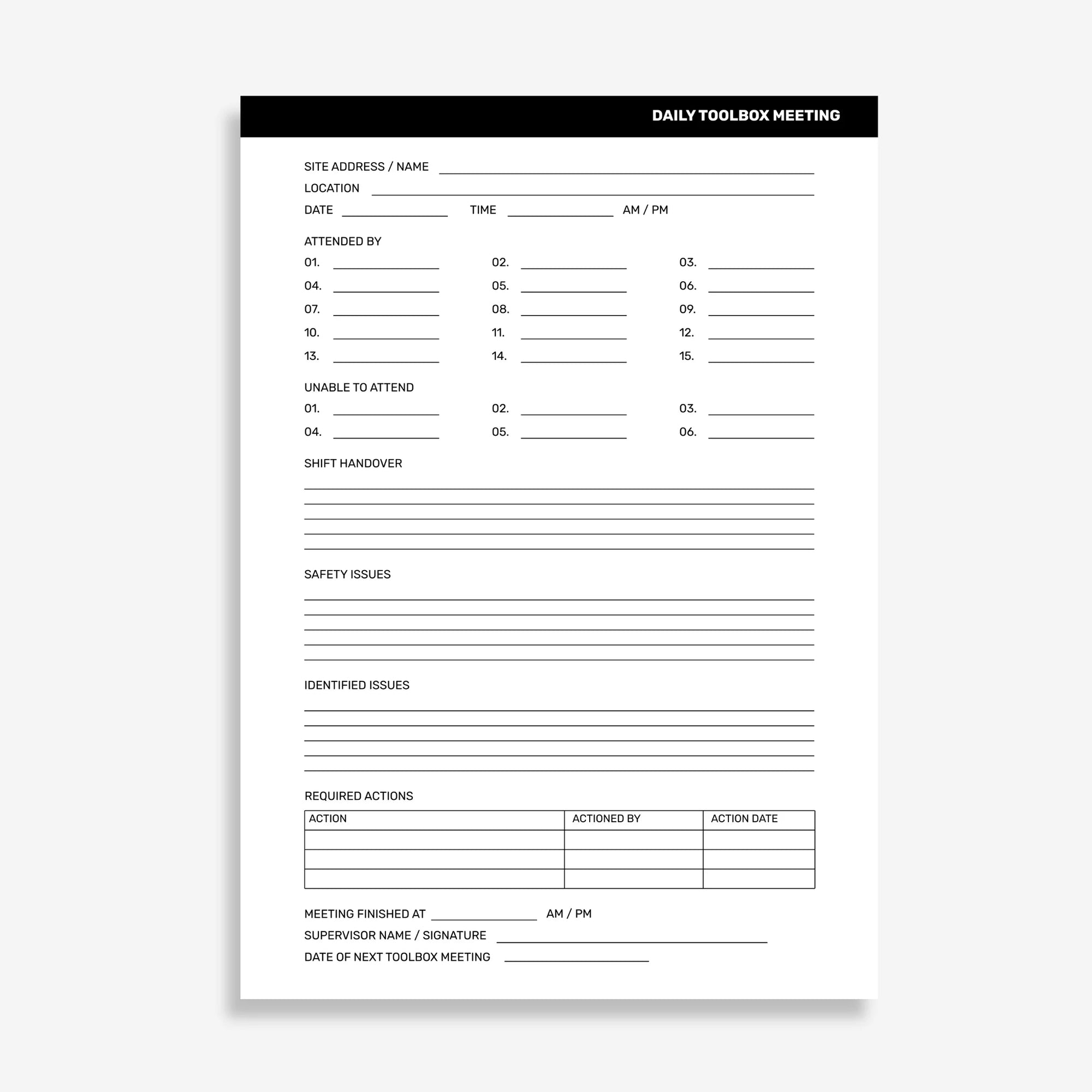Form for daily toolbox meeting with columns for attendees, time slots, and action items on a white background.