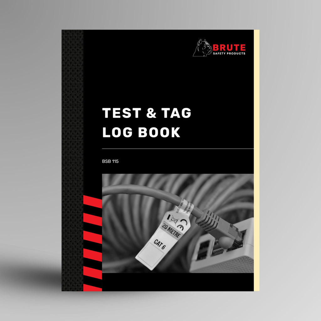 BSB 115 Test and Tag Log Book shown upright in red with Brute Safety Products branding on A4 portrait cover