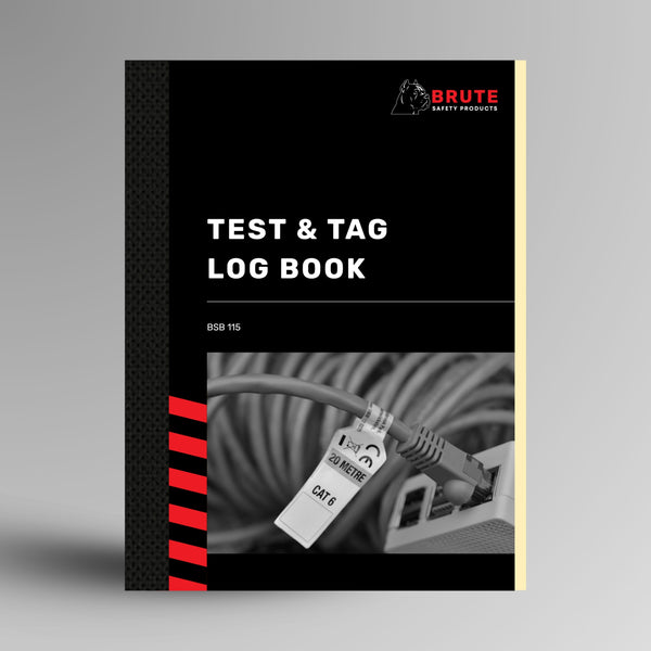 BSB 115 Test and Tag Log Book shown upright in red with Brute Safety Products branding on A4 portrait cover