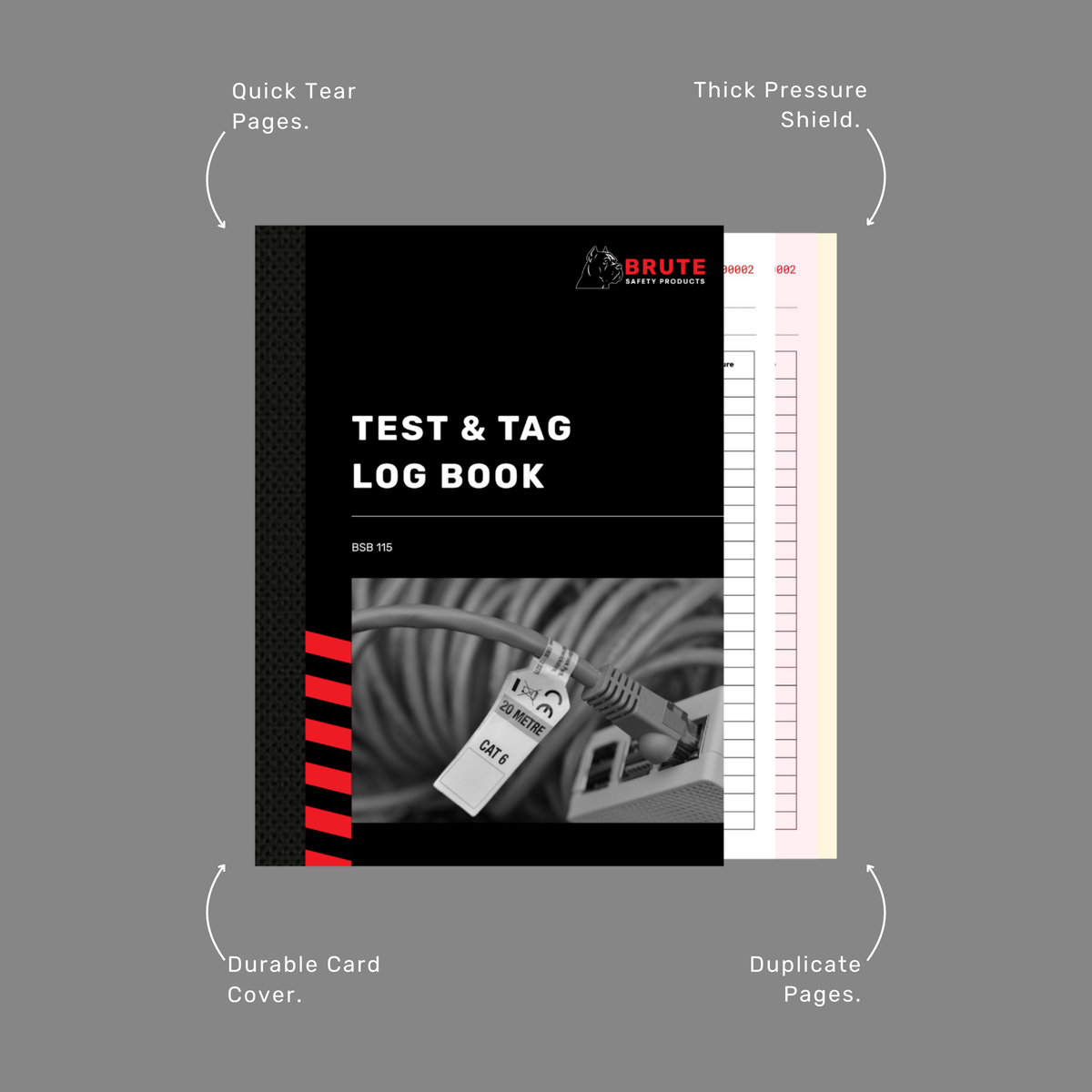 Test and Tag Log Book benefits callout highlighting 50 duplicate sets, writing shield and compliant electrical testing audit trail features