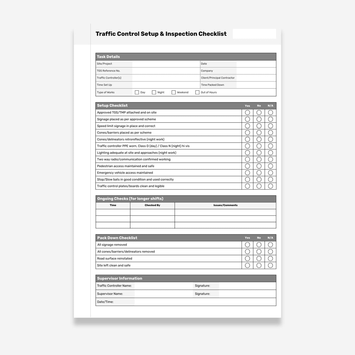 Traffic Control Setup and Inspection Checklist Book