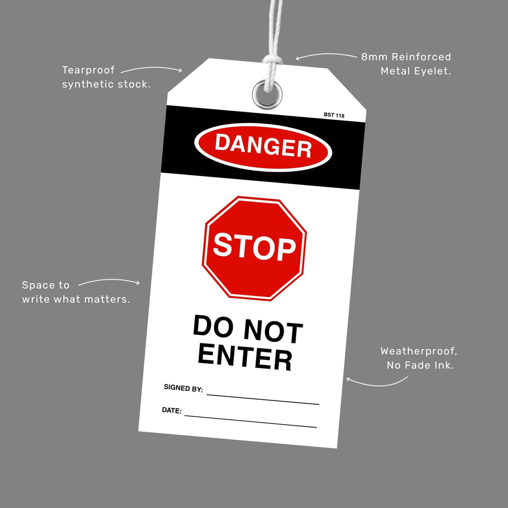 Brute Safety BST 118 Danger Stop Do Not Enter tag shown at an angle with callout labels highlighting tearproof synthetic stock, 8mm reinforced metal eyelet, space to write what matters, and weatherproof no fade ink.