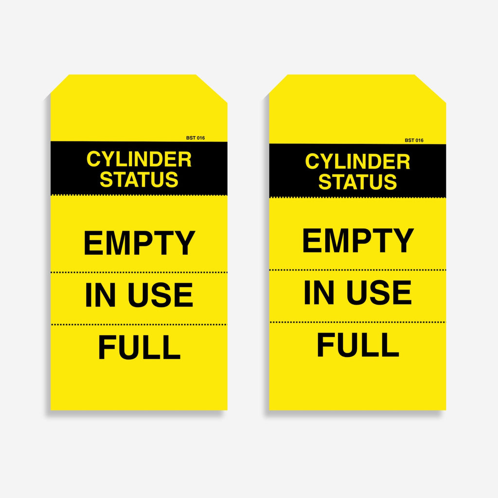 BST 016 Cylinder Status safety tag in yellow, upright view showing complete tag design by Brute Safety Products