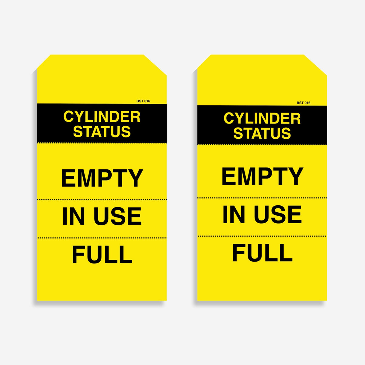 BST 016 Cylinder Status safety tag in yellow, upright view showing complete tag design by Brute Safety Products