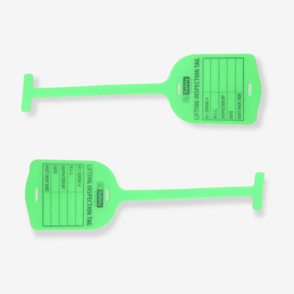 BST 210 green silicone lifting tag shown flat revealing complete dimensions and writable surface detail