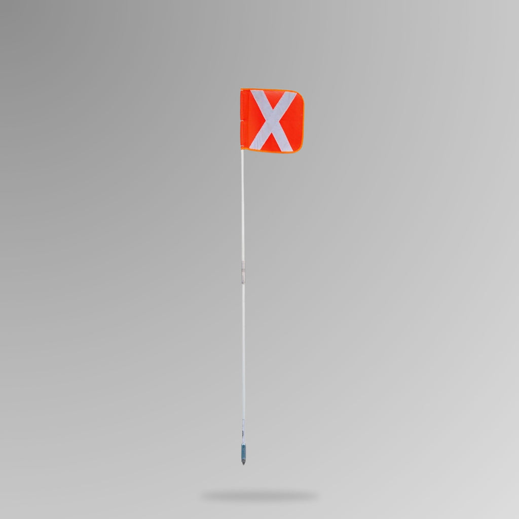 Bundle of BVS 008 jointed mineflag whips with orange coloured tips, shown as a bundle of steel rods banded together on a white background. Available in 1.2m, 1.8m, 2.4m and 3.0m lengths.