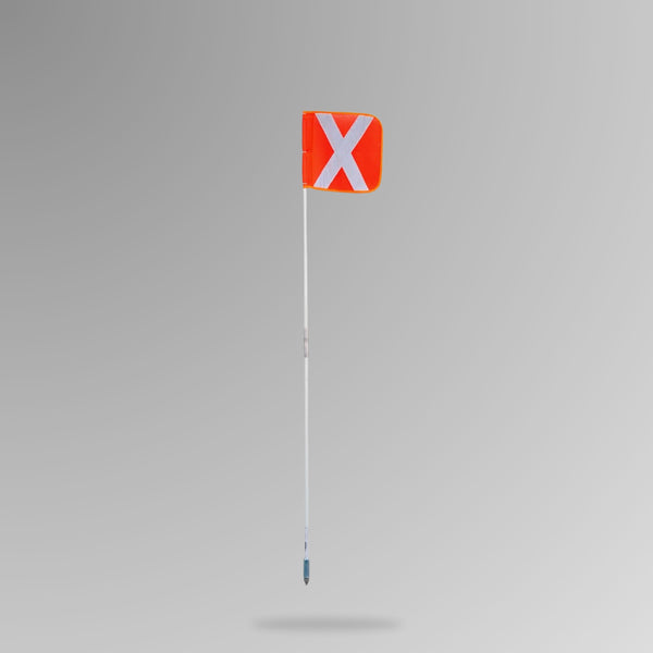Bundle of BVS 008 jointed mineflag whips with orange coloured tips, shown as a bundle of steel rods banded together on a white background. Available in 1.2m, 1.8m, 2.4m and 3.0m lengths.