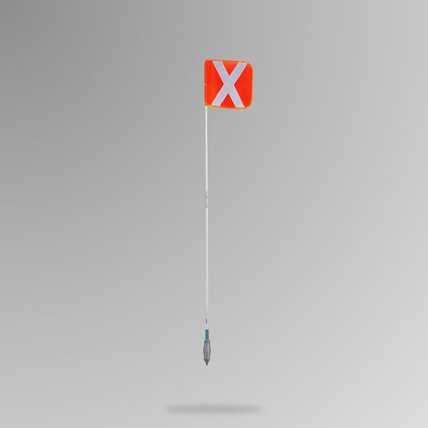 Bundle of BVS 008S jointed mineflag whips with orange coloured tips and spring base, shown as a bundle of steel rods banded together on a white background. Available in 1.2m, 1.8m, 2.4m and 3.0m lengths.