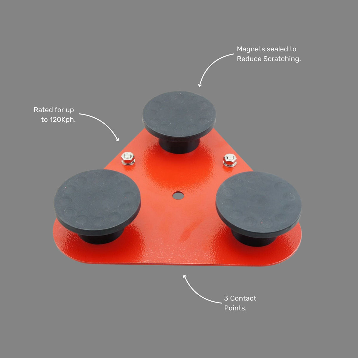 BVS 009 mine flag magnetic base at an angle showing the orange powder coated steel triangular body, black carry handle, central flag pole mounting hole and rubber magnetic pads for secure attachment to mine site vehicles.