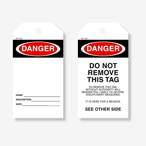 Two warning tags with 'Danger' and 'Do Not Remove This Tag' text on a white background.