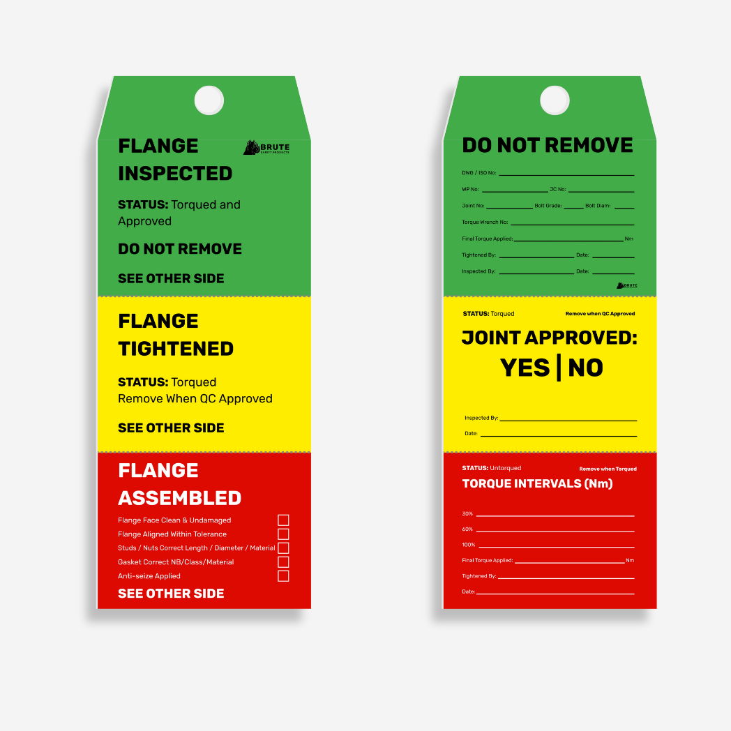 Two green and red inspection tags with text and checkboxes on a white background