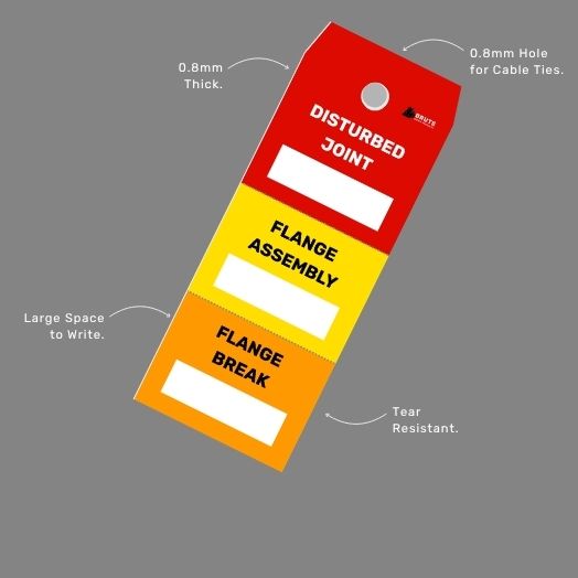 Close up of Three Stage Disturbed Joint Tag highlighting three stage colour coded design, flange testing and assembly record fields on reverse, 0.8mm poly material and 50 tags per pack