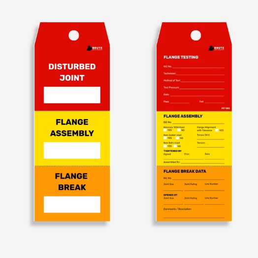 Three Stage Disturbed Joint Tag laid flat showing colour coded front face alongside back face with flange testing, flange assembly and flange break data record fields, 8mm hole and 200 x 70mm poly construction